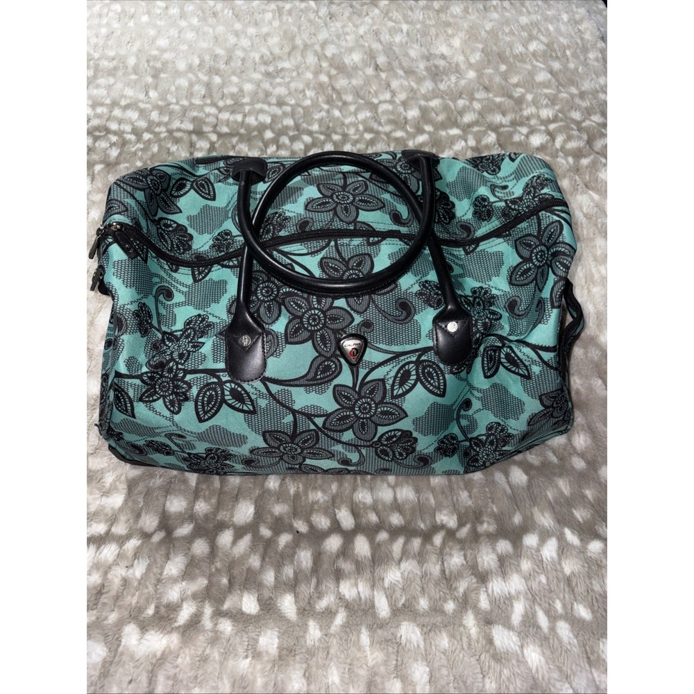 CALPAK Travel Luggage Carry On Duffel Rolling Bag Teal Green Lace Over Floral